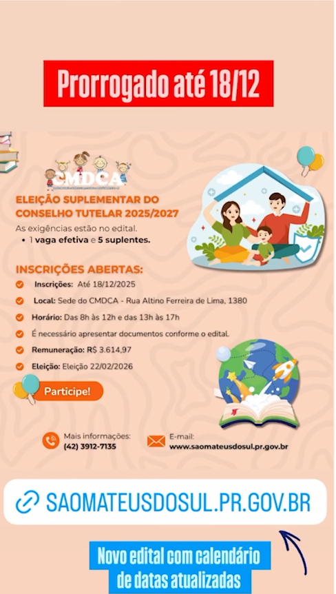 Conselho Tutelar de São Mateus do Sul abre inscrições