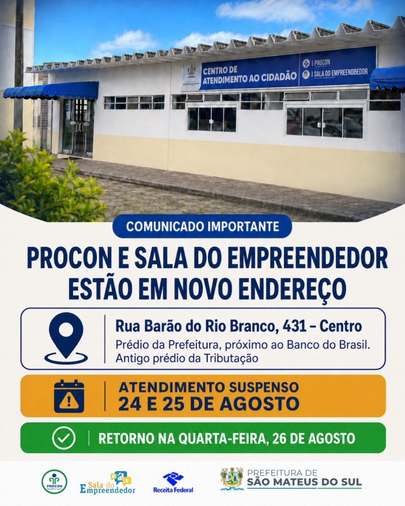 Procon e sala do empreendedor de São Mateus do Sul passarão a atender em novo endereço