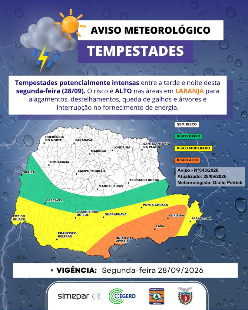 União da Vitória e região têm alerta de risco alto para tempestades